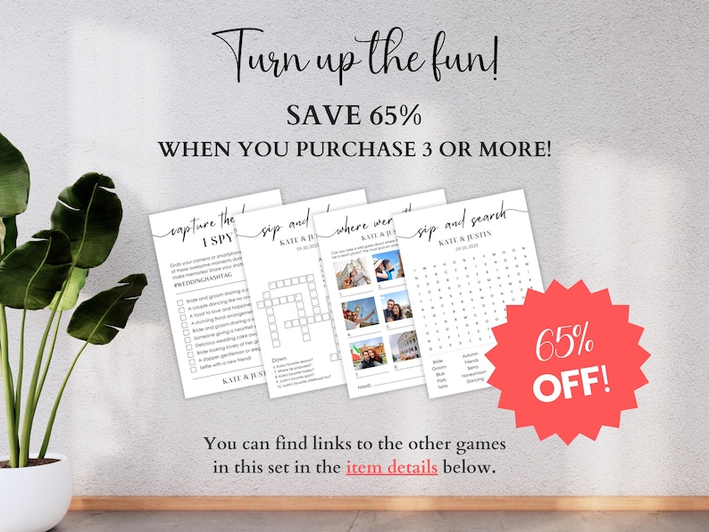 Four minimalist wedding game cards fanned out — save 65% when you purchase 3 or more games using code BUNDLE3