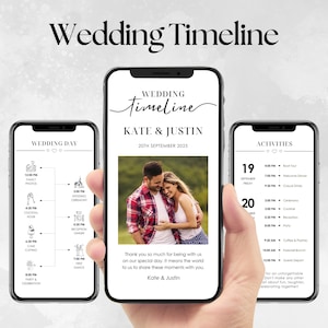 Könnte beinhalten: Drei Smartphone-Bildschirme, die einen Hochzeitsplan mit einem schwarz-weißen Design zeigen. Der obere Bildschirm zeigt den Text "Wedding Timeline" mit den Namen des Paares und dem Hochzeitsdatum. Der mittlere Bildschirm zeigt einen Hochzeitsplan mit Symbolen und Uhrzeiten. Der untere Bildschirm zeigt eine Liste von Hochzeitsaktivitäten mit Uhrzeiten.