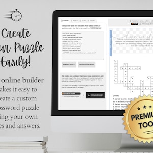 Online crossword puzzle builder tool shown on laptop screen — enter custom clues and answers, generate puzzle layout, premium tool badge, instant download