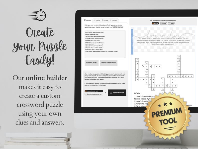Online crossword puzzle builder tool shown on laptop screen — enter custom clues and answers, generate puzzle layout, premium tool badge, instant download