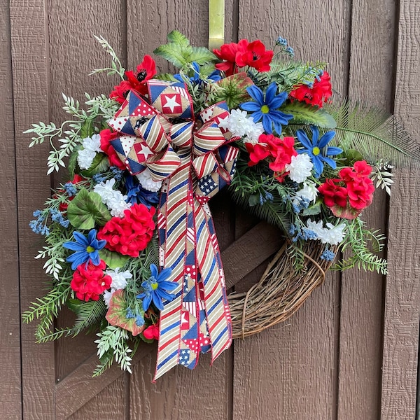 Patriotic Wreath for Front Door, Floral Patriotic Wreath, 4th of July, Red White & Blue, Memorial Day, Housewarming Gift