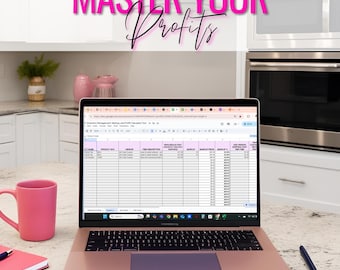 May include: A laptop computer with a spreadsheet open on the screen. The spreadsheet is titled "Inventory Management, Markup and Profit Calculation Tool". The text "MASTER YOUR Profits" is displayed in pink letters above the laptop.