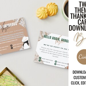 Puede incluir: Dos plantillas de tarjetas de agradecimiento descargables con un tema boho. Las tarjetas presentan un fondo marrón con patrones de macramé blancos y texto verde. El texto en las tarjetas dice "Hello Gorgeous, Thank You for Your First Purchase!" y "Hello Again, Gorgeous, We're So Happy to See You!"