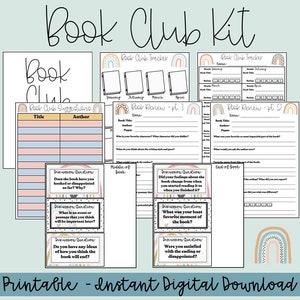 Book Club Printable Kit, Book Review, Book Discussion Questions, Book Club Tracker, Boho Rainbow Digital Download
