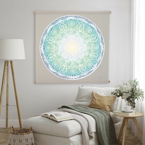 Mandala fabric wall hanging tapestry wall decoration wall cloth wall picture - &quot;Miracles Happen&quot; beige - Mandala art for meditation, yoga & energy