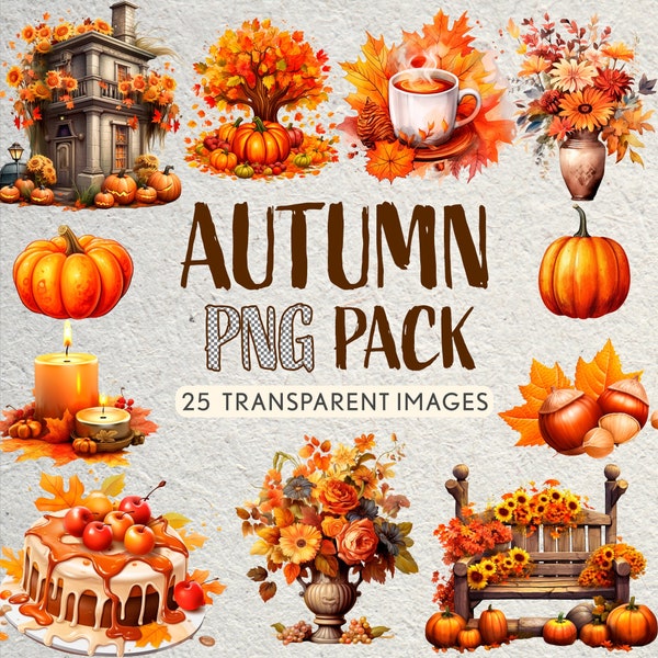 Pack clipart de Otoño, 25 PNGs con ilustraciones, temporada de otoño, uso comercial