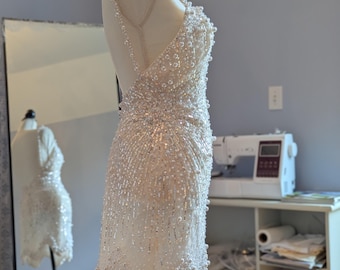 Pearl Reverie After-Party Dress – Short, Beaded with Deep V Back & Drop Waist