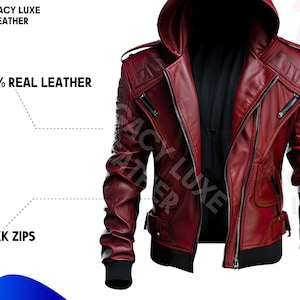 Premium Men’s Dark Red Leather Jacket  Genuine Cowhide, Hooded Biker Motorcycle Handmade Cosplay Jacket cosplay jacket Buckles belts YKK zip