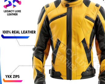 Handmade Leather Biker Jacket for Men and Women, Yellow & Black Cowhide Mens Motorcycle Jacket