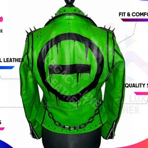 Green Studded Leather Jacket: Women&#39;s Gothic Punk Biker Outerwear