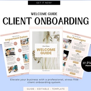 May include: A client onboarding welcome guide with the text "Client Onboarding" in large, bold letters. The guide includes pages for important dates and package options. The guide is a 37-page planner.