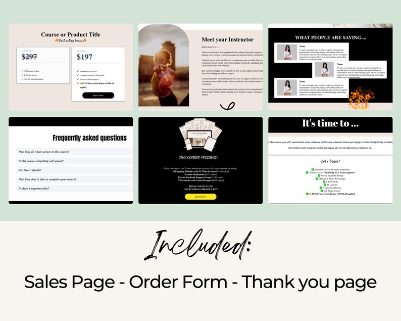May include: A website landing page for an online course. The page features a black and white image of a woman with a red background. The text "Meet your Instructor" is at the top of the page. The page also includes a section with frequently asked questions, a section with testimonials, and a section with information about the course.