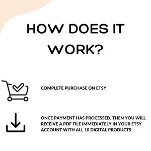 May include: White background with the text "HOW DOES IT WORK?" in black. Below, a shopping cart icon with a checkmark and the text "COMPLETE PURCHASE ON ETSY". Below that, a download icon and text about receiving a PDF file.