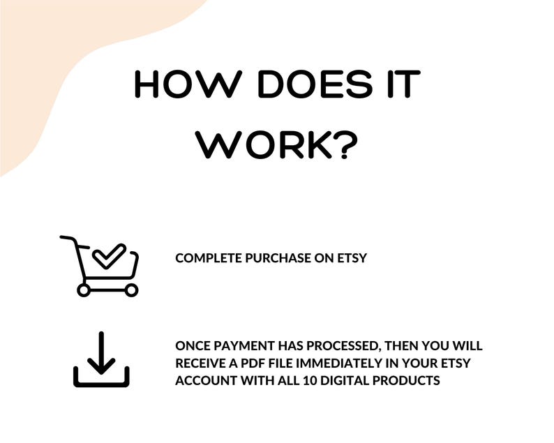 May include: White background with the text "HOW DOES IT WORK?" in black. Below, a shopping cart icon with a checkmark and the text "COMPLETE PURCHASE ON ETSY". Below that, a download icon and text about receiving a PDF file.