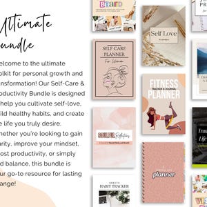 May include: An assortment of self-help and productivity journals and planners. The image includes titles such as "Self Love Planner", "Fitness Tracker & Journal Planner", and "Transform Your Life in 60 Days". The text "Ultimate bundle" is at the top left.