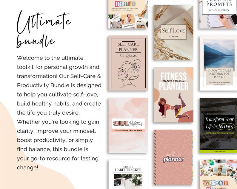 May include: An assortment of self-help and productivity journals and planners. The image includes titles such as "Self Love Planner", "Fitness Tracker & Journal Planner", and "Transform Your Life in 60 Days". The text "Ultimate bundle" is at the top left.
