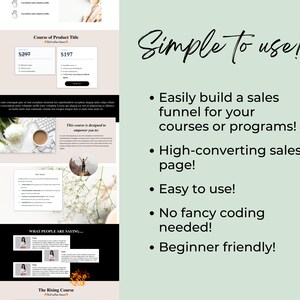 May include: A screenshot of a website for a course or program. The website has a light background with a pink and white color scheme. The text on the website says "Course of Product Title" and "Simple to use!" The website also has a price list for the course, which is $297 and $197. The website also has a list of benefits of the course, such as "Easily build a sales funnel for your courses or programs!" and "High-converting sales page!"