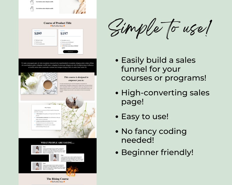 May include: A screenshot of a website for a course or program. The website has a light background with a pink and white color scheme. The text on the website says "Course of Product Title" and "Simple to use!" The website also has a price list for the course, which is $297 and $197. The website also has a list of benefits of the course, such as "Easily build a sales funnel for your courses or programs!" and "High-converting sales page!"