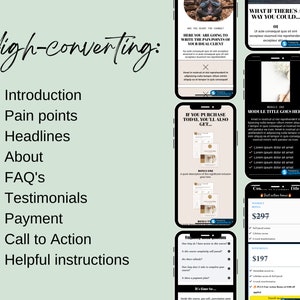 May include: A screenshot of a website with a list of elements that contribute to a high-converting website. The list includes: Introduction, Pain points, Headlines, About, FAQ's, Testimonials, Payment, Call to Action, and Helpful instructions. The website also includes a section with pricing information for a product or service.