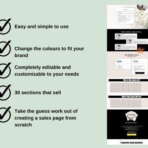 May include: A website screenshot showing the benefits of using a sales page template. The benefits include: easy to use, customizable, 30 sections, and takes the guesswork out of creating a sales page. The website also shows a price comparison for the template.