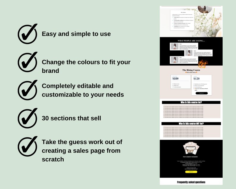 May include: A website screenshot showing the benefits of using a sales page template. The benefits include: easy to use, customizable, 30 sections, and takes the guesswork out of creating a sales page. The website also shows a price comparison for the template.