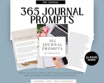 Könnte beinhalten: Ein digitaler Download von 365 Tagebuch-Aufforderungen zur Selbstfindung. Das Cover zeigt einen Laptop, ein Notizbuch, einen Stift und rosa Blumen. Der Text "365 Journal Prompts for self discovery" ist in schwarzer Schrift auf weißem Hintergrund.