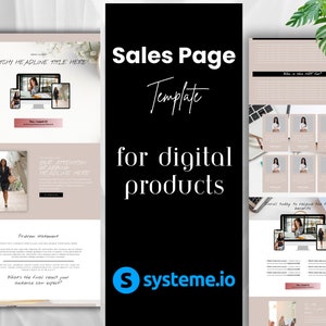 May include: A website template for digital products with a beige background and a black and white text overlay. The text reads "Sales Page Template for digital products" and "systeme.io".