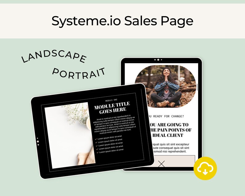 May include: A black tablet with a white background image of a bouquet of white flowers and a cup of coffee. The screen displays the text "MODULE TITLE GOES HERE" and a list of bullet points. The tablet is on a light green background.