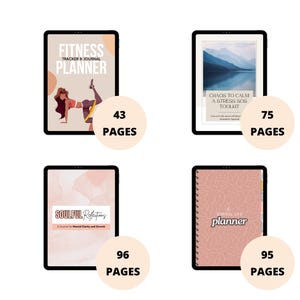 May include: Four digital planners displayed on tablets. The planners include a fitness tracker, a stress toolkit, a journal for mental clarity, and a digital life planner. Each planner has a different page count, ranging from 43 to 96 pages.