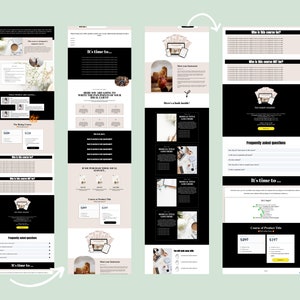 May include: A black and white website landing page with the text "It's time to..." and a call to action button. The page also features a course or product title, pricing information, and a frequently asked questions section.