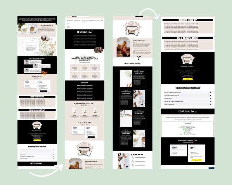 May include: A black and white website landing page with the text "It's time to..." and a call to action button. The page also features a course or product title, pricing information, and a frequently asked questions section.