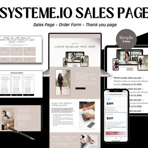 Könnte beinhalten: Ein Computerbildschirm zeigt eine Website mit dem Text "SYSTEME.IO SALES PAGE" und einer Überschrift, die "CATCHY HEADLINE TITLE HERE" lautet. Die Website ist eine Verkaufsseite für ein Produkt oder eine Dienstleistung. Die Website enthält auch einen Call-to-Action-Button mit der Aufschrift "JOIN NOW".