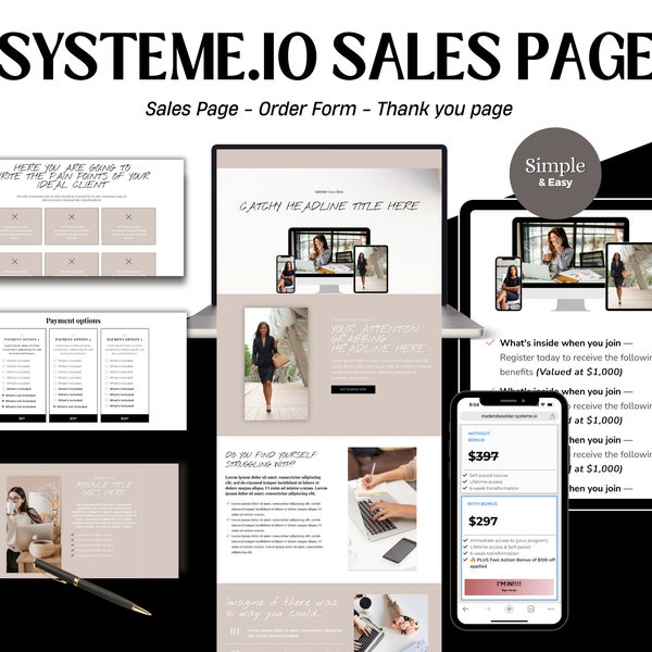 Systeme.io sales page, template, website, landing page, sales funnel, digital product, online course, e-book, customizable, neutral