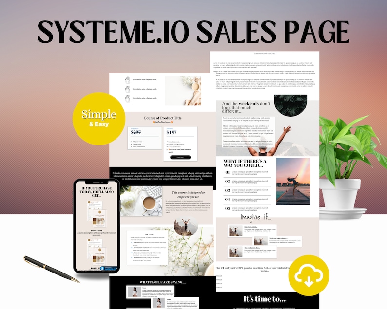 May include: A Systeme.io sales page with a simple and easy design. The page features a course of product title, pricing options, and testimonials. The page also includes a call to action to learn more about the course.