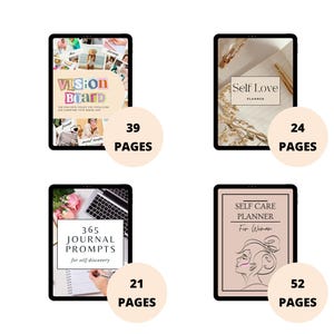 May include: Four digital planners displayed on tablets. The planners include a vision board, a self-love planner, 365 journal prompts, and a self-care planner for women. Each planner has a different page count, ranging from 21 to 52 pages.