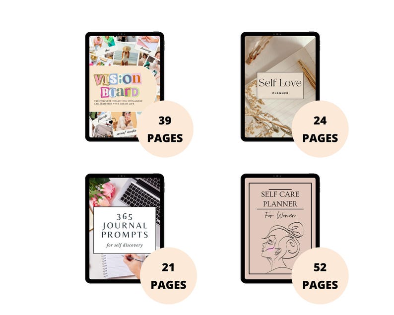 May include: Four digital planners displayed on tablets. The planners include a vision board, a self-love planner, 365 journal prompts, and a self-care planner for women. Each planner has a different page count, ranging from 21 to 52 pages.