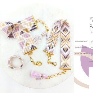 3 Patterns • 2 Loom Bracelets • Even Peyote Ring  • Miyuki Delica Jewelry • PDF • Geometric • Violet Beige Orange White Gold • Amethyst