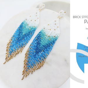 Patrón de pendientes Signature Brick Stitch • Joyería Miyuki Delica • PDF • Degradado blanco, verde azulado, azul y dorado • Orleana