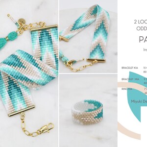Op de afbeelding: Een set van twee weefarmband- en odd peyote ringpatronen. De armbanden en ring hebben een turquoise, wit en tan kralenontwerp. De tekst op de afbeelding luidt "KIA" en "Miyuki Delica 11/0 Beads Chart".