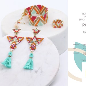 3 Patterns • Loom Bracelet • Even Peyote Ring • Brick Stitch Earrings  • Miyuki Delica Jewelry • PDF • Orange Gold White Red Teal • Joy
