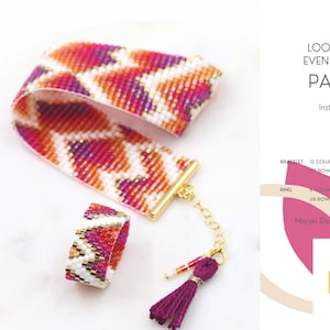 2 Patterns • Even Peyote Ring • Loom Bracelet • Miyuki Delica Jewelry • PDF • Geometric • Violet Purple Red Orange White Gold • Storm