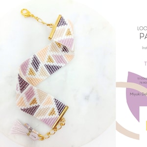 May include: A beaded loom bracelet with a geometric pattern in shades of lavender, peach, gold, and white. The bracelet has gold-colored clasps and a tassel. The text on the image reads "LOOM BRACELET PATTERN" and "TRIADELLE". The bracelet is 0.8 inches wide and 5.4 inches long.