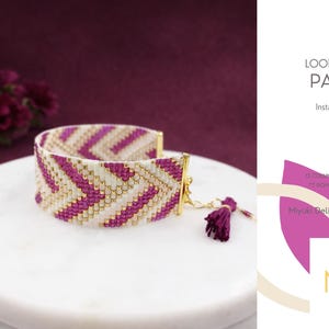 May include: A beaded loom bracelet with a chevron pattern in white, gold, and magenta. The bracelet is approximately 0.8 inches wide and has a gold clasp. The image also includes a tassel and text that reads "LOOM BRACELET PATTERN".