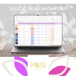 May include: A laptop screen displaying a digital bead inventory spreadsheet with rows of colored bead samples, labeled with the text DIGITAL BEAD INVENTORY at the top and the Milusi Jewelry logo at the bottom center of the graphic frame.