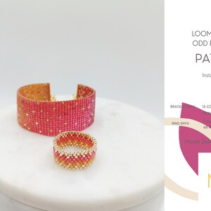 May include: A beaded bracelet and ring set in shades of red, pink, and gold. The bracelet is wide and cuff-like, while the ring is a smaller band. The image also includes a pattern sheet with text that reads "LOOM BRACELET & ODD PEYOTE RING PATTERNS".