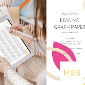 May include: A digital loom stitch beading graph paper displayed on a tablet. The screen shows a grid pattern with columns and rows. The text on the right side says "LOOM STITCH BEADING GRAPH PAPER" and includes dimensions in inches and centimeters.