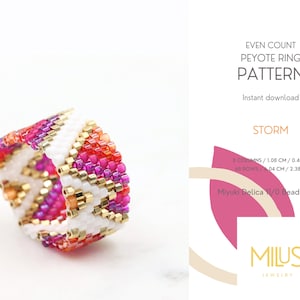 May include: A colourful beaded ring in a peyote stitch pattern, with white, gold, pink, and orange beads. The ring design is labelled "STORM" and the pattern includes 1.08 cm columns and 6.04 cm rows.