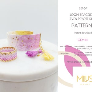 Set of 2 Patterns - Loom Bracelet Pattern, Peyote Ring Pattern, Miyuki Delica PDF Pattern, Ombre Gold Purple Beading Pattern - Gemini