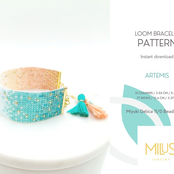 Loom Bracelet Pattern, Miyuki Delica Bracelet Pattern, Loom Bead Ombre Gold Peach White Teal Green Bracelet Pattern - Artemis