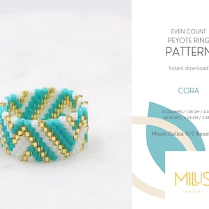 Even Peyote Ring Pattern, Miyuki Delica Seed Bead Pattern, Green Gold White Geometric Ring Pattern, Easily Variable Color Combination - Cora